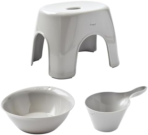 【ザッカLab.オリジナルセット】アスベル Emeal エミール 風呂椅子セット【手おけ+湯おけ+風呂イスセット】 座面高さ24cm グレー ｜ バスチェア バススツール 手桶 湯桶 風呂いす ニュアンス くすみ カラー バス用品 腰掛け 浴室 洗い場 抗菌